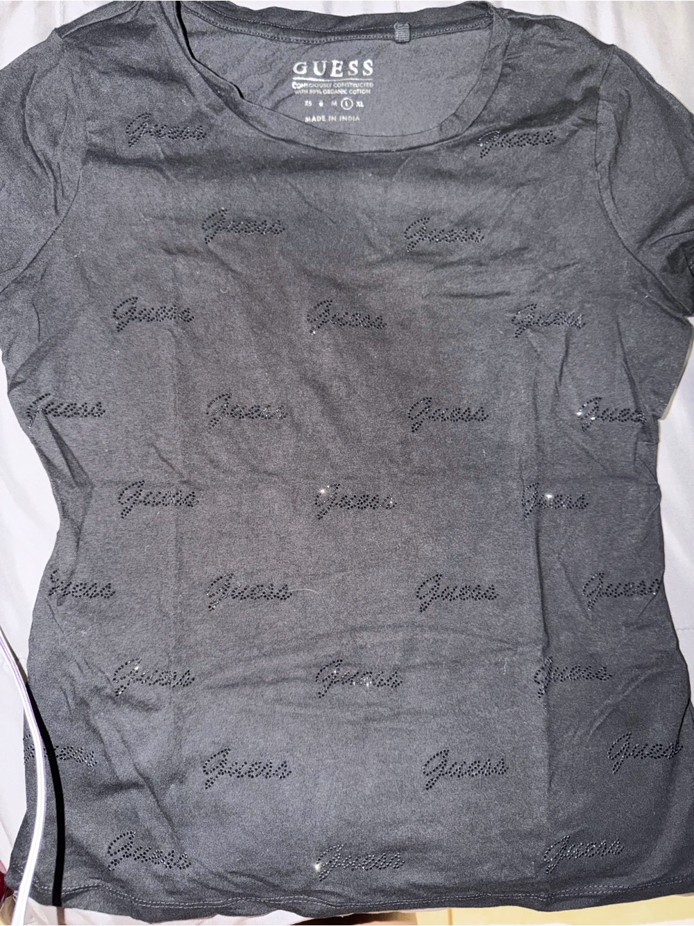 GUESS Black Short Sleeve Bling Logo Tee